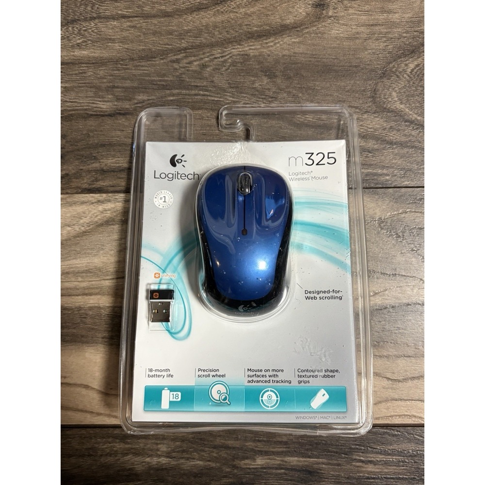 Logitech M325 Wireless Optical Mouse USB Receiver 1000 DPI 3-Button Blue